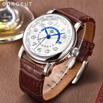 Corgeut Luxury Brand Mechanical Watch Fashion Leather Top Dual time zone GMT automatyczne zegarki męskie skórzane zegarek Mechaniczny