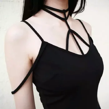 Kobieca Sukienka Harajuku Gothic Cross Strap Design Dekolt Czarna Sukienka Z V Neck Bielizna
