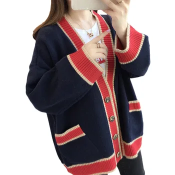 Damski sweter z dzianiny koreański modne paski wełniany sweter dla kobiet zima z długim rękawem V-neck casual dzianiny płaszcz