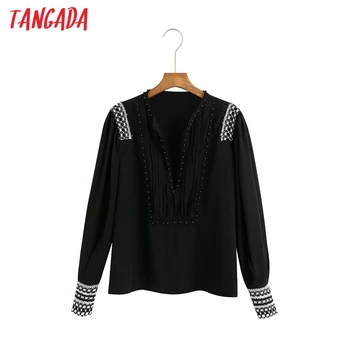 Tangada women haft koralikami czarne koszulki v-neck 2020 nowe damskie codzienne topy bluzki 6Z77