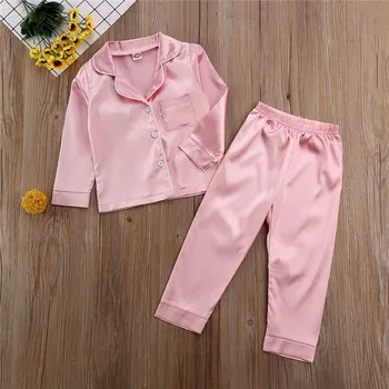 1-7 lat dziecko chłopiec dziewczynka jedwab satyna piżamy zestawy stałe przyciski koszula top spodnie 2szt Dziecięca piżama koszula nocna różowy niebieski