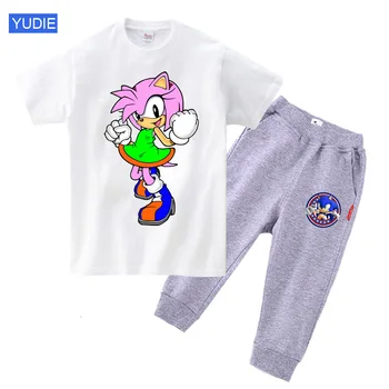 Odzież dziecięca lato dziecko dziewczyny odzież Sonic Hedgehog Amy t-shirt+spodnie, odzież Dziecięca nastolatek prezent na urodziny kostiumy