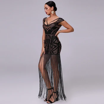 2020 Nowa Czarna Moda Wysokiej Jakości Pędzlem Ozdoby Seksualne Linkę Krótkie Rękawy Sprzedaż Hurtowa Suknia Wieczorowa Długa Suknia