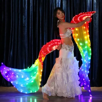 Kobiety jedwab kolorowy led świecące wentylatory tańca brzucha welony z ładowarką USB