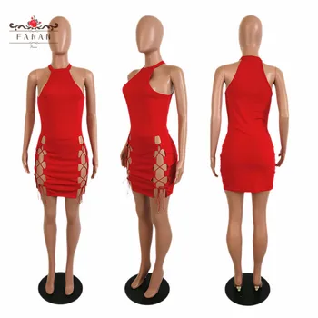 Sexy Night Club Dresses Sexy women ' s solid color hollow lace Summer dress Sleeveless Cut Out Lace Up Mini Bandage Dress