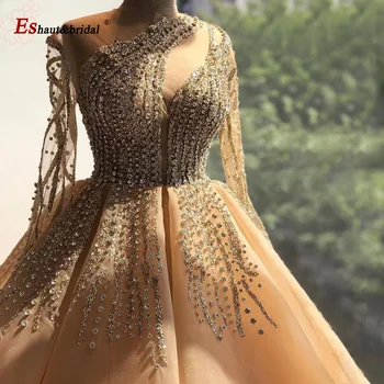Luksusowy Дубайское Sukienka 2020 O Neck Z Długim Rękawem, Diamentowe Kryształki I Cekiny, Ręcznie Formalne Suknie Wesele