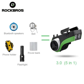 ROCKBROS 5 w 1 Wielofunkcyjny rower Uchwyt do telefonu na rower światło-bluetooth audio odtwarzacz MP3 Power Bank rower światło rower dzwon