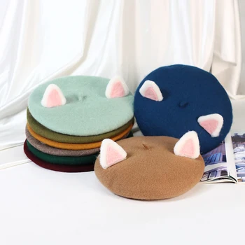 VISROVER 2020 New Cute Adult Cat Ear Wool Beret Solid Autumn Winter Hat Cap Spring Punk Beret Hat Rabbit Beret hurtowych