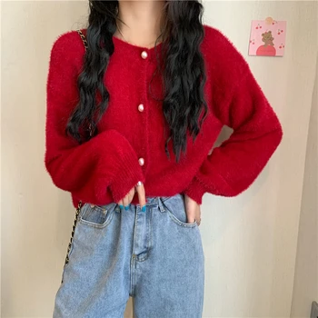 Lucyever Vintage Czerwony Sztuczne Futra Norek Sweter Kobiety 2020 Jesień Nowy Przycisk Harajuku Luźny Sweter Płaszcz Kobieta Z Długim Rękawem, Swetry