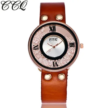 CCQ marka dla kobiet rhinestone zegarki luksusowe naturalna skóra kwarcowy zegarek klasyczny prezent zegarek Relogio Feminino