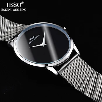IBSO, ultra-cienkie zegarki męskie najlepsze marki luksusowych ze stali nierdzewnej, siatkowy pasek Sportowe zegarek kwarcowy mężczyźni prosty styl Relogio Masculino