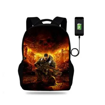 17inch Gears of War Mens College Backpack usb Charger Schoolbag do laptopów, plecaki dla młodzieży szkolna torba chłopców Mochila
