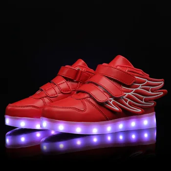 Różowy czerwony dzieci zapalają się buty z skrzydłem dzieci led buty chłopcy dziewczęta świecące świecące trampki USB ładowanie chłopiec moda buty