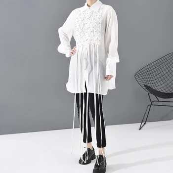 [EAM] kobiety Biały rhinestone pędzelka duża bluzka jest nowa marynarka z długim rękawem luźny krój koszula moda wiosna jesień 2021 JX70400