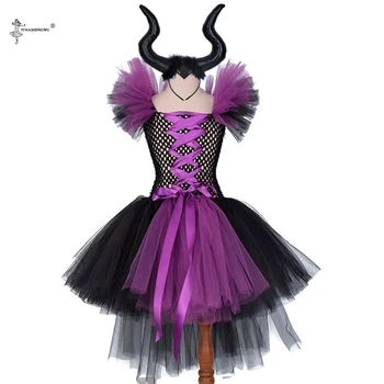 Świąteczny strój odzież Dziecięca Maleficent Evil Queen Baby Girls Tutu Dress with Horns Wings Halloween Cosplay Costume for Kid