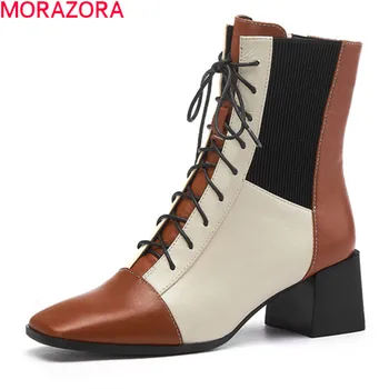 MORAZORA 2020 nowa dostawa damskie buty jesień zima buty damskie Moda na wysokie obcasy zasznurować botki biały brązowy