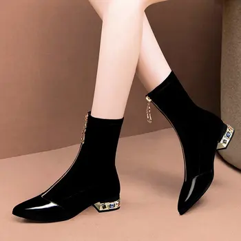 Duży rozmiar 35-42 kobieta na niskim obcasie botki Flock kolorowe rhinestone buty na obcasie czarne damskie buty Botas mujer 8781G