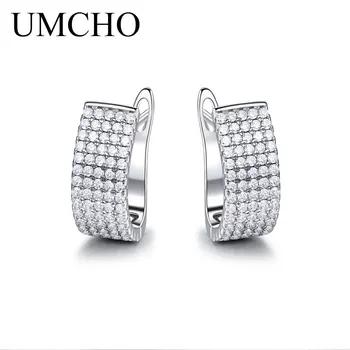 UMCHO Elegant Solid Silver Jewelry 925 Round Created Clear White CZ Clip kolczyki dla kobiet, prezenty na Urodziny zawieszenia wykwintne biżuteria