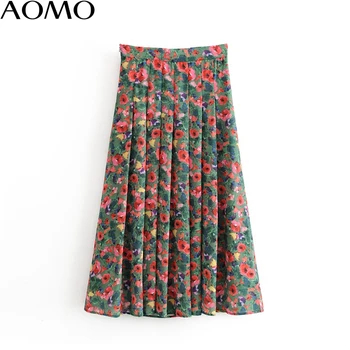 AOMO fashion women francuski styl kwiatowy midi spódnica faldas mujer vintage zamek biurowe panie elegancki spódnice do połowy łydki 1T10A