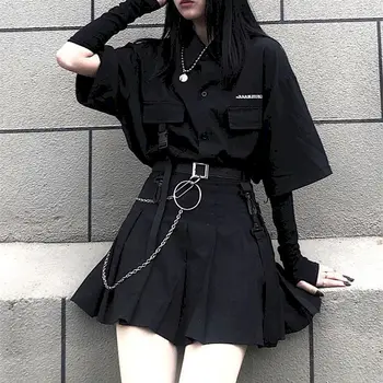 Czarna koszula i wysokiej talii spódnica plisowana kobiety hip-hop meble ubrania damskie stroje schludny letni koreański styl młodzi odpowiednie zestawy