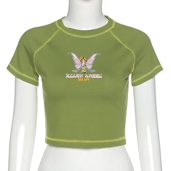 Kobieta растениеводческий top zielony z krótkim rękawem okrągły dekolt Topstitch motyl graficzny print t-shirt ALT Girl E-girl strój /