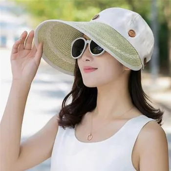 Kapelusze damskie duże, szerokie pola dyskietki lato plaża słońce kapelusz pokrywa przycisk słomkowy kapelusz letnie kapelusze dla kobiet anty-UV osłona