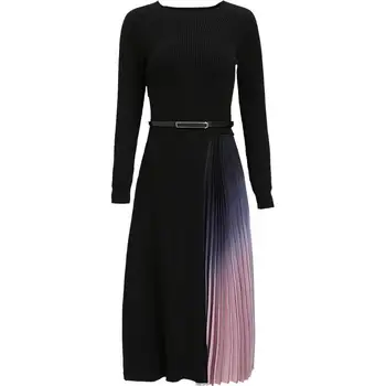 Czarny długi rękaw вязаное sukienka kobiety 2019 nowy modny jesień i zima talia szczupła talia szyć plis sukienka