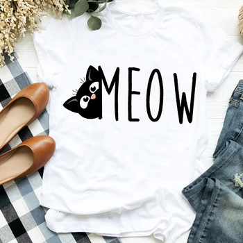 Women Lady Casual Cat Letter Funny 90s Style Cute Print T Shirt Tee for Womens Clothes Tshirt Female Top Graphic T-shirt