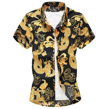 Nowe lato koszula męska z krótkim rękawem druku osobowość kwiatowy Smok wzór casual koszula damska slim biznes koszula męska M-7XL