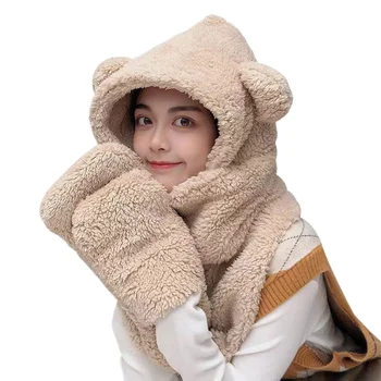 2021 damska zimowa gwint ciepłe 3-w-1 czapka szalik rękawiczki komplet słodki miś ucho konstrukcja czapki szalik polar kobiety Bufandas Invierno Mujer