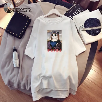 Plus rozmiar t-shirt odzież Damska moda temat sukienki śmieszne Panda druku o szyi Mujer czarny biały strój casual odzież uliczna Vestido