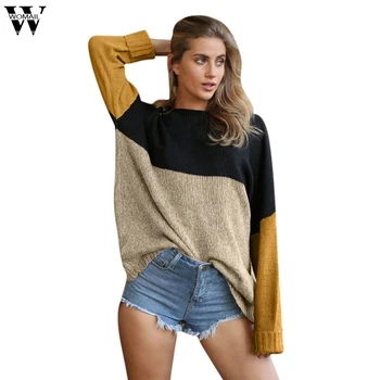 Womail damski sweter Jesień Zima Kobiety moda Casual kolor przeszycia z długim rękawem O-neck weaters women ' S-XL