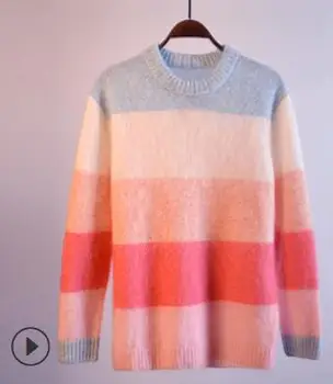 Damski sweter z wełny мохеровый luźny sweter z okrągłym dekoltem i odpowiednie różowe paski sweter