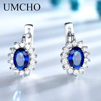 UMCHO kolorowy kamień Niebieski szafir klip kolczyki prawdziwe 925 srebro kolczyki dla kobiet zaręczynowe prezenty wykwintne biżuteria