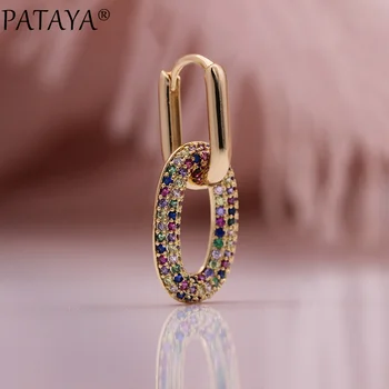 PATAYA New Luxury Colorful Long Circle kolczyki naturalny Cyrkon niezwykłe kolczyki 585 różowe złoto asymetria błyszcząca biżuteria moda