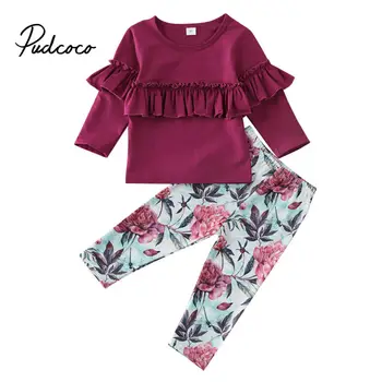 Pudcoco 2020 Newborn Baby Girls falbanki bluza spodnie w kwiatowy print bluzki z długim rękawem, dziecięca dziecięca jesienna odzież dresy 2szt
