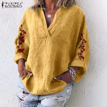 ZANZEA jesień bawełniana, lniana koszula kobiety V neck z długim rękawem bluzka kwiatowy haft topy Femme szlafrok praca Blusas koszulka Mujer 7