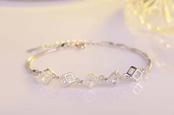 Proste geometryczne kwadrat cięcia Kryształ CZ ogniwo łańcucha bransoletki i bransoletki dla kobiet 925 srebro biżuteria DIY prezent mujer