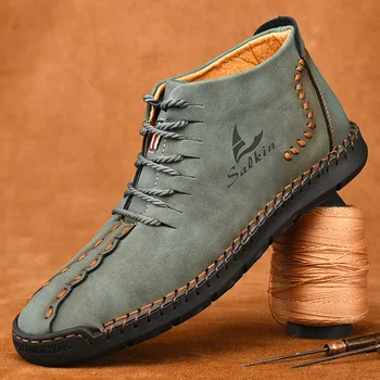 Ręczne szycie Zimowe męskie buty skórzane lakierowane narzędzia botki niebieski odkryty jesień Hombres Botas mężczyźni obuwie casual