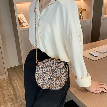 Ładna moda okrągły kot projekt Leopard sztuczna skóra kobiety torba torba Crossbody bag dziewczyny portfel zakłady Bolsa kopertówka