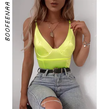 BOOFEENAA neon-żółty sexy body kobiety satynowy gorset top głębokie V-neck Backless Bodycon kombinezon klubowa 2019 C66-AZ43