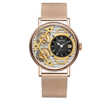 Nowy Rafa Tygrys marka mody zegarek męski zegarek mechaniczny szkielet różowe złoto obudowa dowcip Stalowa bransoleta, ultra-cienkie zegarki RGA1995