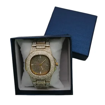 Luksusowe zegarki męskie moda Diament Automatyczna data kwarcowy zegarek mężczyźni złoto ze stali nierdzewnej hip-hop męskie zegarki najlepsze marki luksusowe zegarki