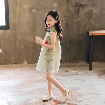 Ostatnio Dziewczyna Retro, Tradycyjny Chiński Cheongsam Sukienka Kwiatowy Siatki Dzieci Qipao Sukienka Na Lato Bez Rękawów Tan Qipao Dla Dzieci