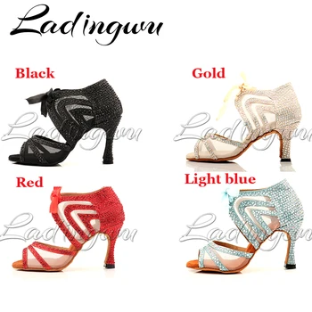 Ladingwu Dance Shoes Women Latin Glitter and Mesh Ballroom Dance Boots for Girls Salsa Dance Shoes Rhinestone Blue Red Black