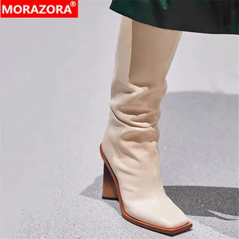 MORAZORA rozmiar 34-43 INS gorące skórzane buty z mikrofibry kobiety kwadratowy skarpety wysokie obcasy Damskie buty do kolan zachodnie buty Drop Ship