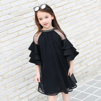 AuroraBaby Girls Black Dresses Cute Embroidery Applique Dress For Summer Autumn Kids odzież Dziecięca rozmiar 6-16T Party