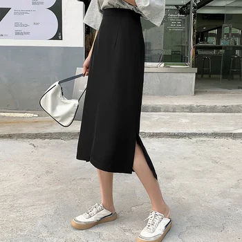 Wysokiej jakości zasłona koreański styl spódnica kobiety wysokiej talii midi długie spódnice dla kobiet meble ubrania boczne nacięcie jednolity kolor jupe femme