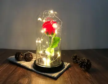 Piękna i ia Czerwona wieczna Róża w szklanej kopule z led miedzianej podświetleniem drewniana podstawa do ślubnego prezentu na Dzień Matki, Walentynki