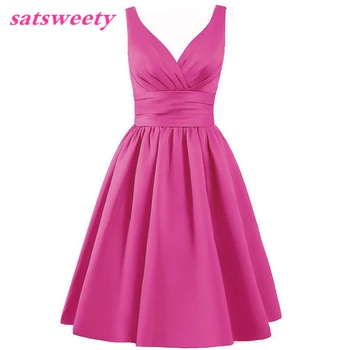 Satsweety Custom Color Tea-Length V-Neck Short Stain Suknia Ślubna Sukienka Do Połowy Łydki Sukienkę Rozmiar Plus